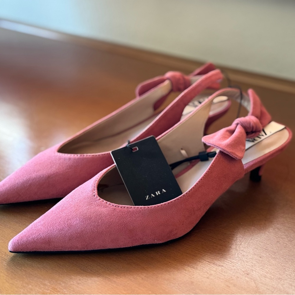 Zara Pink Suede Slingback Kitten Heels NWT | Size 38